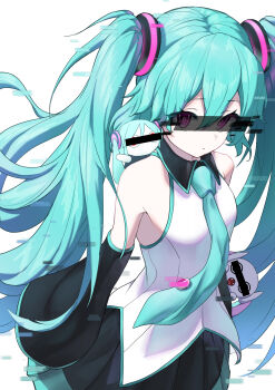 1girl 2others absurdres aimaina aqua_hair aqua_necktie armpit_crease bare_shoulders black_collar black_detached_sleeves black_skirt censored censored_identity collar cowboy_shot detached_sleeves doushite-chan dress ecoheeky_kimos glitch hatsune_miku highres long_hair looking_at_viewer multiple_others necktie pleated_skirt purple_eyes shirt simple_background skirt standing twintails very_long_hair vocaloid white_background white_shirt
