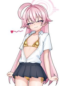 1girl :3 ahoge alternate_costume arms_at_sides bikini bikini_under_clothes black_skirt blue_archive blush breasts cameltoe clenched_hands closed_mouth collarbone collared_shirt cowboy_shot crossed_bangs flat_chest gluteal_fold gold_bikini hair_between_eyes halo heart hoshino_(blue_archive) huge_ahoge loli long_hair looking_at_viewer micro_bikini miniskirt navel open_clothes open_shirt partially_unbuttoned pink_eyes pink_hair pink_halo pleated_skirt rigel7132 shirt shirt_tucked_in short_sleeves side-tie_bikini_bottom simple_background skirt small_breasts smile smug solo spoken_heart swimsuit very_long_hair white_background white_shirt