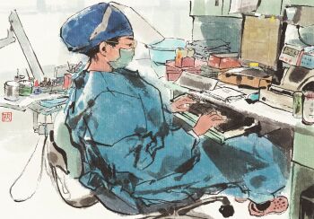 1girl chair computer computer_keyboard dentist desk highres hospital_gown model monitor neo1900 office on_chair original sandals solo swivel_chair