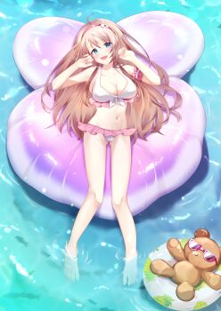 1girl :d absurdres ahoge alternate_costume bare_legs barefoot bikini blue_eyes blush bow braid breasts brown_hair cameltoe cleavage clenched_hands collarbone day eyes_visible_through_hair feet flower frilled_bikini frills full_body gluteal_fold groin hair_between_eyes hair_bow hair_flower hair_ornament hair_spread_out hairband halterneck hands_up happy head_tilt highres innertube large_breasts long_hair looking_at_viewer lying navel official_alternate_hairstyle on_back open_mouth outdoors pineapple_print print_innertube red_hairband relaxing sanoba_witch shiiba_tsumugi sidelocks smile soaking_feet solo stomach stuffed_animal stuffed_toy sunglasses swim_ring swimsuit teddy_bear toes twin_braids tyama_taka very_long_hair water white_bikini white_bow white_flower