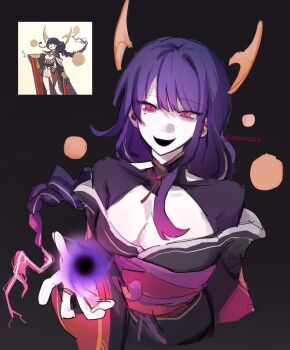 1girl alternate_color alternate_costume alternate_universe arm_up bags_under_eyes black_background black_kimono blunt_bangs braid breasts bridal_gauntlets cleavage clothing_cutout collarbone commentary concept_art electricity energy_orb english_commentary evil_smile fake_horns floating floating_object genshin_impact glowing glowing_hair gradient_hair highres holding_orb horns japanese_clothes kimono large_breasts long_braid long_hair looking_at_viewer mole mole_under_eye multicolored_hair neck_ribbon nonons open_mouth photo-referenced polearm powering_up purple_eyes purple_hair raiden_shogun raiden_shogun_(magatsu_mitake_narukami_no_mikoto) reaching reaching_towards_viewer red_ribbon red_sash ribbon sash screencap shade shoulder_cutout single_braid sketch smile solo spear streaked_hair upper_body weapon