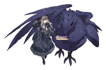 1girl beak bird black_bonnet black_dress black_gloves black_hair black_sclera black_shoes black_socks blonde_hair blue_bow bonnet bow colored_sclera corviknight dress feathers full_body gen_8_pokemon gloves gradient_hair grin hair_bow highres long_hair long_sleeves looking_at_another multicolored_hair nintendo pink_eyes pokemon pokemon_(creature) purple_feathers red_eyes shoes simple_background smile socks standing talons white_background white_bow wulie_errr