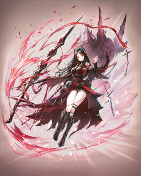 1girl arknights black_boots black_hair black_shirt black_skirt black_sleeves boots breasts demon_horns detached_sleeves full_body gazelle gogatsu_no_renkyuu highres holding holding_wand horns ines_(arknights) knee_boots long_hair long_sleeves looking_at_viewer medium_breasts miniskirt shirt skirt sleeveless sleeveless_shirt solo sword thighs wand weapon yellow_eyes