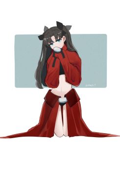 1girl absurdres black_hair black_panties blue_eyes commentary cosplay crop_top fate/kaleid_liner_prisma_illya fate_(series) highres illyasviel_von_einzbern illyasviel_von_einzbern_(archer_install) illyasviel_von_einzbern_(archer_install)_(cosplay) kneeling midriff ohmoto_9 panties red_shrug red_skirt shrug_(clothing) skirt sleeves_past_fingers sleeves_past_wrists solo thigh_gap tohsaka_rin twitter_username two_side_up underwear watermark