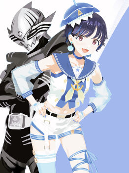 1boy 1girl absurdres belt black_belt black_hair blue_choker blue_nails blue_sailor_collar blue_streaks character_request choker cobwvmeti copyright_request cowboy_shot crossed_arms detached_sleeves earrings fang fingernails fukumaru_koito hands_on_own_hips hashtag-only_commentary hat highres idolmaster idolmaster_shiny_colors jewelry looking_at_viewer midriff nail_polish navel official_alternate_costume official_alternate_hair_length official_alternate_hairstyle open_mouth pink_eyes sailor_collar see-through_clothes see-through_sleeves shell shell_earrings shoes short_hair skin_fang smile standing white_shoes