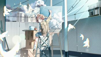 Rule 34 | 1girl, arm up, blue eyes, blue skirt, blue sky, bow, box, brown hair, brown jacket, brown shoes, bucket, building, canvas (object), cardboard box, chinese commentary, clothes rack, clothesline, cloud, commentary request, easel, flutterpage, full body, hair bow, highres, holding, holding paintbrush, jacket, looking at viewer, luojia ying, on stool, paint palette, paintbrush, painting (action), painting (object), reverse:1999, shoes, short hair, simple bird, sitting, skirt, sky, socks, solo, sunlight, white bow, white socks