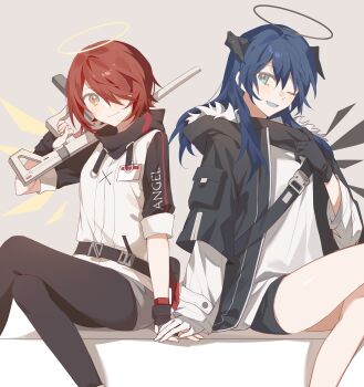 2girls absurdres arknights ayster belt black_gloves black_halo black_jacket black_shorts blue_eyes blue_hair blue_tongue chinese_commentary closed_mouth colored_tongue commentary_request crossed_legs demon_horns detached_wings exusiai_(arknights) fingerless_gloves fur-trimmed_hood fur_trim gloves grey_background grey_shorts gun hair_between_eyes hair_over_one_eye halo hand_up highres holding holding_gun holding_weapon hood horns jacket kriss_vector long_hair long_sleeves looking_at_viewer mostima_(arknights) multiple_girls open_clothes open_jacket open_mouth over_shoulder pantyhose red_hair shirt short_hair shorts sitting smile submachine_gun traditional_halo weapon weapon_over_shoulder white_jacket white_shirt wings