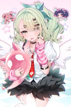 Rule 34 | 3girls, anko (kimt140n), aqua streaks, aria (zenless zone zero), arm warmers, bandaid, bandaid hair ornament, black hair, black skirt, blue eyes, blush, chibi, collar, collarbone, colored inner hair, commentary, cowboy shot, earrings, fur-trimmed skirt, fur trim, green eyes, green hair, green nails, hair ornament, heart, heart hair ornament, highres, jewelry, looking at viewer, multicolored hair, multicolored nails, multiple girls, multiple hair clips, multiple rings, musical note earrings, nangong yu, necktie, one eye closed, open mouth, pink arm warmers, pink background, pink bag, pink hair, pink nails, ponytail, red eyes, red necktie, ring, shirt, skirt, star (symbol), streaked hair, striped arm warmers, sunna (zenless zone zero), two-tone background, white background, white shirt, white wings, winged bag, wings, zenless zone zero