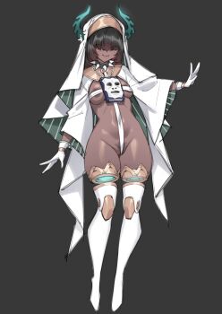 1girl 8_ni absurdres artist_self-insert black_collar book breasts chain chain_around_neck collar dark-skinned_female dark_skin female_pubic_hair full_body gloves hair_over_eyes highres mechanical_legs original pubic_hair smile spiked_collar spikes stomach white_gloves