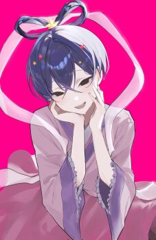 1boy black_eyes blue_eyes blue_hair charisma_house commentary_request crossed_bangs frilled_sleeves frills hair_intakes hair_ornament hair_rings hands_on_own_face highres japanese_clothes kimono korean_commentary male_focus motohashi_iori open_mouth parody_request pink_background pink_kimono pink_ribbon ramiml17 ribbon simple_background solo star_(symbol) star_hair_ornament three-quarter_sleeves water_drop wet