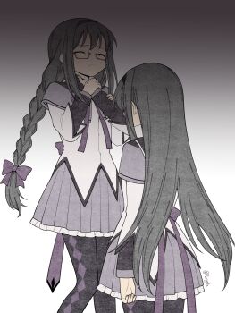 2girls absurdres akemi_homura akemi_homura_(magical_girl) black_hair black_headband black_pantyhose bow braid capelet closed_eyes commentary_request dress dual_persona glasses hair_bow headband highres long_hair long_sleeves magical_girl mahou_shoujo_madoka_magica mahou_shoujo_madoka_magica_(anime) multiple_girls neck_grab pantyhose purigetsu purple_bow purple_capelet purple_skirt red-framed_eyewear semi-rimless_eyewear simple_background skirt strangling twin_braids white_dress