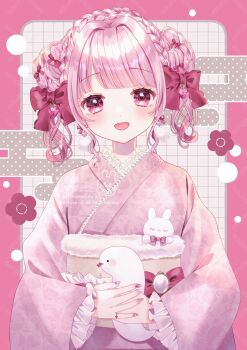 1girl azarashi6 blunt_bangs blush bow braid braided_twintails commentary earrings egasumi food frilled_kimono frills fruit gem-studded_nails hair_bow hair_intakes heart heart-shaped_pupils highres holding holding_stuffed_toy indie_virtual_youtuber itsuki_arisa japanese_clothes jewelry kimono lace lace-trimmed_kimono lace_trim looking_at_viewer multiple_hair_bows nail_art obi pearl_hair_ornament pink_background pink_bow pink_eyes pink_hair pink_kimono pink_nails rope_braid sample_watermark sash sidelocks solo strawberry stuffed_animal stuffed_rabbit stuffed_toy symbol-only_commentary symbol-shaped_pupils twintails upper_body virtual_youtuber watermark wavy_hair