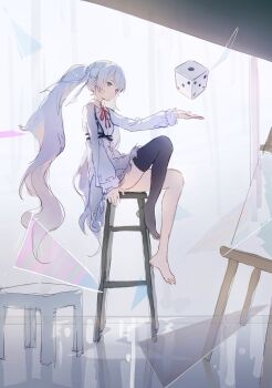 Rule 34 | 1girl, 25-ji miku, aqua eyes, arm support, bare legs, barefoot, black thighhighs, canvas (object), closed mouth, collared dress, dice, dress, easel, frilled dress, frilled sleeves, frills, from side, full body, hair ornament, hair ribbon, hashtag-only commentary, hatsune miku, heterochromia, highres, indoors, long hair, long sleeves, looking at object, neck ribbon, no shoes, on stool, pink eyes, profile, project sekai, red ribbon, ribbon, sidelocks, single bare foot, single thighhigh, sitting, stool, thighhighs, thighs, toes, twintails, very long hair, vocaloid, white dress, white ribbon, wooden stool, yue yue