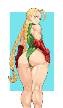 1girl absurdres ass blonde_hair blue_eyes braid breasts cammy_white commentary curvy feet_out_of_frame fingernails from_behind gloves grabbing_own_ass green_leotard grin hands_on_own_ass highleg highleg_leotard highres huge_ass leotard long_hair looking_at_viewer looking_back low_twin_braids medium_breasts red_gloves shiny_skin smile solo standing street_fighter thigh_gap thong_leotard tsu.toxine twin_braids very_long_hair wide_hips