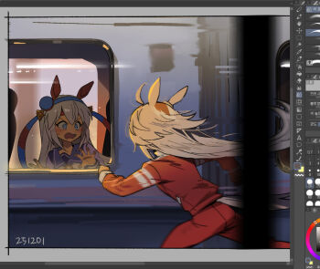 2girls ahoge animal_ears art_program_in_frame blue_hairband border ck_switch_sc commentary dated ear_covers grey_border grey_hair hair_between_eyes hairband head_tilt horse_ears horse_girl jacket long_hair long_sleeves looking_at_another multiple_girls oguri_cap_(umamusume) open_mouth pants purple_shirt red_jacket red_pants red_track_suit running school_uniform shirt symbol-only_commentary tamamo_cross_(umamusume) tracen_school_uniform tracen_training_uniform track_jacket track_pants track_suit train umamusume very_long_hair winter_uniform