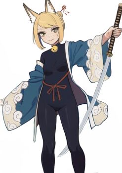 1girl 7th_dragon 7th_dragon_(series) animal_ears bell black_bodysuit blonde_hair bodysuit breasts commentary_request covered_navel feet_out_of_frame fox_ears green_eyes hair_bun hair_ornament hair_stick haori highres holding holding_sword holding_weapon japanese_clothes jingle_bell namuna_(7th_dragon) neck_bell nito_(nshtntr) petite samurai_(7th_dragon) single_hair_bun sleeves_past_wrists small_breasts smile solo sword weapon