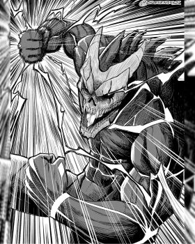 Rule 34 | 1boy, back spikes, commentary request, emphasis lines, greyscale, hatching (texture), hibino kafka, hibino kafka (kaiju form), highres, instagram username, kaijuu no. 8, male focus, monochrome, monster boy, muscular, muscular male, open mouth, pillarboxed, punching, seveninks, solo, spanish commentary, spikes