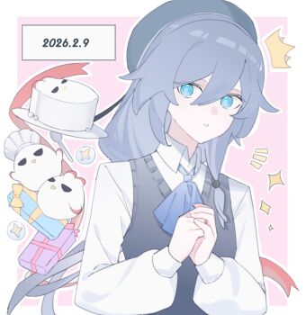 Rule 34 | 1girl, ^^^, beret, blue eyes, border, box, cake, commentary request, dated, food, fu hua, gift, gift box, grey hair, grey hat, hair between eyes, hat, highres, holding, holding spoon, honkai (series), honkai impact 3rd, jingwei (bird), long sleeves, looking at viewer, manfu w, notice lines, outline, own hands together, parted lips, pink background, puffy long sleeves, puffy sleeves, shirt, spoon, sweater vest, white border, white outline, white shirt