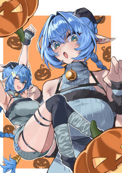 1girl ;d absurdres alternate_costume animal_ears arm_up arm_warmers armpits bare_shoulders bell black_thighhighs blue_eyes blue_hair blue_sweater border braid breasts chest_harness claw_pose commentary_request dress fur-trimmed_arm_warmers fur_trim goat_ears goat_girl goat_horns grey_leg_warmers hair_between_eyes hair_intakes halloween harness highres horizontal_pupils horns jack-o&#039;-lantern large_breasts leg_warmers long_hair looking_at_viewer lucia_elowen multiple_views neck_bell one_eye_closed open_mouth orange_background pointy_ears pumpkin pumpkin_print ryofu_(pixiv12347507) smile solo sparkle stretching sweater sweater_dress thigh_strap thighhighs thighs twin_braids white_border zenless_zone_zero