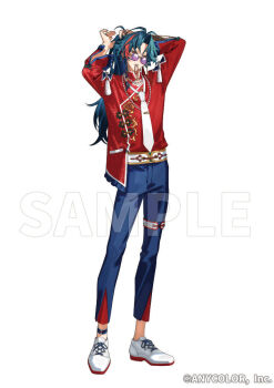 Rule 34 | 1boy, alternate costume, antenna hair, arms up, bead necklace, beads, black hair, blue pants, commentary, full body, hair tie, hanada 09, jewelry, kaisei (nijisanji), long hair, looking at viewer, mandarin collar, multicolored hair, necklace, necktie, nijisanji, official art, pants, parted bangs, parted lips, ponytail, purple-tinted eyewear, red shirt, round eyewear, sample watermark, shirt, shoes, simple background, solo, streaked hair, tinted eyewear, tying hair, virtual youtuber, watermark, white background, white necktie, white shoes