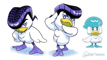 artist_name blue_eyes blue_hair commentary derivative_work diamond_wa_kudakenai dietnoods english_commentary higashikata_josuke highres jojo_no_kimyou_na_bouken jojo_pose looking_at_viewer multiple_views nintendo no_humans parody pokemon pokemon_(creature) purple_eyes purple_hair quaxly reference_work standing twitter_username white_background