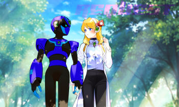 1boy 1girl alia_(mega_man) armor black_pants blonde_hair blue_armor blue_eyes blue_helmet breasts chest_jewel commentary_request commission couple cowboy_shot gem green_gem headset helmet hetero holding_hands interlocked_fingers lab_coat medium_hair mega_man_(series) mega_man_x_(series) outdoors pants rikka_(user_hruv2435) skeb_commission sunlight tree