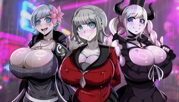 3girls ? absurdres arms_behind_back blue_eyes blue_hair blush braid breast_tattoo breasts choker cleavage covered_erect_nipples crown ear_piercing face_piercing female_focus fingerless_gloves flower flower_on_head fubuki_clockford gloves highres hood hoodie horns huge_breasts jewelry kurumi_wendy lip_piercing long_hair looking_at_viewer master_detective_archives:_rain_code matching_hair/eyes multicolored_hair multiple_girls naver necklace piercing pink_hair purple_eyes rain shinigami_(rain_code) skindentation tattoo twin_braids twintails two-tone_hair upper_body wet