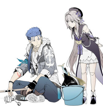 1boy 1girl arms_behind_back bare_shoulders belt beret black_belt black_boots black_gloves black_hat black_jacket blue_hair blue_pants blunt_bangs boots bow breasts bucket chain chest_bow cigarette closed_mouth clothing_cutout collarbone commentary_request creature crescent crescent_necklace cu_chulainn_(fate) cu_chulainn_(honkai:_star_rail)_(fate) cu_chulainn_(lancer)_(fate) doll_joints dress earrings fate/stay_night fate/unlimited_blade_works fate_(series) fingerless_gloves fish flower full_body fur-trimmed_jacket fur_trim gloves gold_earrings grey_jacket hair_flower hair_ornament half-closed_eyes hat herta_(honkai:_star_rail) herta_(puppet)_(honkai:_star_rail) high_heel_boots high_heels honkai:_star_rail honkai_(series) jacket jewelry joints long_hair long_sleeves looking_at_another low_ponytail medium_breasts necklace open_clothes open_jacket pants pink_eyes ponytail purple_bow purple_eyes purple_flower sailor_collar shirt shoes shoulder_cutout sidelocks simple_background sitting sneakers standing syatey tassel trotter_(honkai:_star_rail) v-shaped_eyebrows white_background white_dress white_shirt