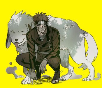 Rule 34 | 1boy, akamaru (naruto), black jacket, black pants, closed eyes, dog, facial mark, fishnet top, fishnets, full body, headband, highres, inuzuka kiba, itachi3413, jacket, long sleeves, looking at viewer, male focus, naruto (series), open mouth, pants, parted bangs, short hair, smile, squatting, toeless footwear, tongue, tongue out, yellow background