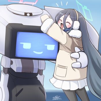 1girl aqua_halo aris_(blue_archive) aris_(winter)_(blue_archive) blue_archive brown_mittens commentary earmuffs fur_trim grey_pantyhose halo headpat highres hood hood_down kei_(amas)_(blue_archive) kei_(blue_archive) long_hair long_sleeves miniskirt mittens namioka_nishihito pantyhose parka pink_halo pleated_skirt robot screen signature skirt very_long_hair white_skirt winter_clothes