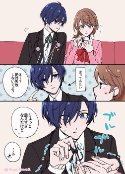 1boy 1girl applying_another&#039;s_manicure applying_manicure arrow_(symbol) black_jacket black_ribbon blue_eyes blue_hair bow bowtie brown_eyes brown_hair cardigan choker collared_shirt commentary couch earphones_removed earrings flipped_hair gekkoukan_high_school_uniform hair_between_eyes highres holding_hands ikuya_kawaii jacket jewelry long_sleeves looking_at_another loose_bowtie motion_lines nail_polish nail_polish_brush neck_ribbon on_couch open_clothes open_jacket painting_nails persona persona_3 persona_3_reload pink_cardigan pink_nails pointing pointing_at_self red_bow red_bowtie ribbed_cardigan ribbon school_uniform shirt short_hair speech_bubble stud_earrings sweatdrop takeba_yukari translation_request twitter_username upper_body white_choker white_shirt yuuki_makoto_(persona_3)