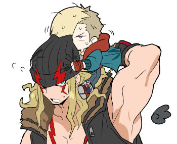 Rule 34 | 2boys, alex (street fighter), arm up, beanie, black hat, black vest, blonde hair, blue eyes, blue jacket, denim, ed (street fighter), facial mark, hair over one eye, hat, highres, jacket, jeans, jewelry, jitome, long hair, male focus, multicolored jacket, multiple boys, muscular, muscular male, necklace, one eye covered, pants, red jacket, sach56000, shoes, short hair, simple background, street fighter, street fighter 6, sweat, vest, white background, zipper pull tab