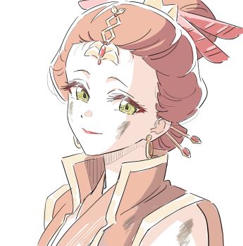 1girl absurdres chinese_clothes chinese_hairpin closed_mouth dangomochi2 dirty dirty_clothes dirty_face eyeliner green_eyes hair_ornament hairpin highres kusuriya_no_hitorigoto light_smile long_hair looking_at_viewer loulan_(kusuriya_no_hitorigoto) makeup multiple_hairpins red_eyeliner solo updo upper_body white_background