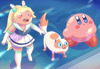 2girls :o adventure_time adventure_time:_fionna_and_cake aimaay artist_name blonde_hair blush_stickers cake_the_cat commentary crossover elbow_gloves english_commentary fionna_campbell gloves highres kirby kirby_(series) long_hair multiple_girls nintendo open_mouth raised_eyebrows shadow very_long_hair white_gloves