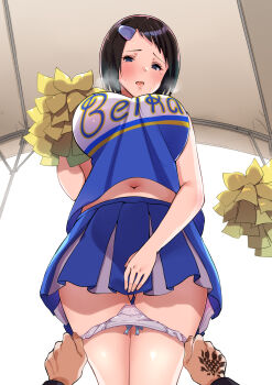 Rule 34 | 1girl, assisted exposure, blush, bow, bow panties, breasts, cheerleader, commentary request, from below, gluteal fold, hair ornament, hairclip, heavy breathing, highres, holding, holding pom poms, large breasts, mitaki tsubasa, navel, onegai nugashite, open mouth, panties, panty pull, pantyshot, pleated skirt, pom pom (cheerleading), pom poms, pov, pov hands, pulling another's clothes, sadistichime, short hair, skirt, standing, sweat, thighs, underwear, upskirt, white panties