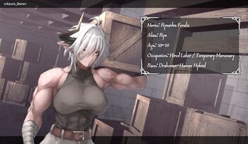 1girl abs absurdres ahoge azura_anblue belt box breasts carrying_over_shoulder character_name commentary covered_abs dragon_girl dragon_horns earrings english_commentary fang fantasy highres horns jewelry looking_at_viewer medium_breasts muscular muscular_female orange_eyes original pointy_ears scar short_hair single_horn skin_fang sleeveless solo white_hair