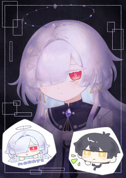 Rule 34 | 1boy, 1girl, absurdres, amakara 0614, black hair, character name, chibi, chibi inset, closed mouth, colored eyelashes, commentary, earrings, grey hair, hair ornament, hair over one eye, halo, highres, jewelry, long hair, looking at viewer, male rover (wuthering waves), mornye (wuthering waves), red eyes, rover (wuthering waves), triangle earrings, wuthering waves, yellow eyes
