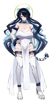 1girl animal_ears black_hair blue_eyes blue_hair breasts dress erina_makina fur_trim gogibahp hair_over_one_eye huge_breasts phase_connect see-through_clothes tagme tail tiger_ears tiger_tail virtual_youtuber white_dress white_fur