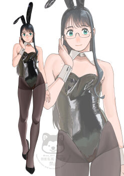 1girl absurdres adjusting_eyewear animal_ears black_hair black_leotard black_shoes brown_pantyhose closed_mouth commentary_request detached_collar fake_animal_ears glasses green_eyes highres kantai_collection leotard long_hair looking_at_viewer ojipon ooyodo_(kancolle) pantyhose playboy_bunny rabbit_ears shoes simple_background solo watermark white_background wrist_cuffs zoom_layer