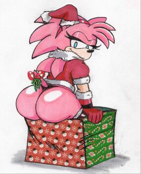 amy_rose ass candy candy_cane food furry furry_female gift highres huge_ass mistletoe mistletoe_on_tail panties pink_fur sega short_tail snowman solo sonic_(series) sonic_cd sonic_the_hedgehog_(classic) tail thong tight_clothes underwear vampiricpig wedgie