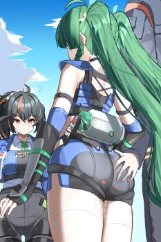1boy 2girls aftersex android black_hair black_shorts blue_jacket braid braided_sidelock checkered_necktie collared_shirt crop_top cum cumdrip fahufahu grabbing_another&#039;s_ass green_hair groping hair_ornament hairband high-waist_pants highres jacket loli long_hair metal_hairband multicolored_hair multiple_girls necktie outdoors pants police police_badge police_uniform policewoman ponytail qingyi_(zenless_zone_zero) red_streaks robophilia robot robot_girl shirt short_shorts shorts sphere_hair_ornament stealth_ass_grab streaked_hair tight_clothes tight_pants twintails white_shirt wise_(zenless_zone_zero) zenless_zone_zero zhu_yuan