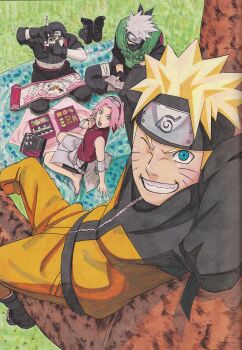Rule 34 | 1girl, 3boys, absurdres, arms behind head, bento, black boots, black gloves, black jacket, black mask, black pants, blonde hair, blue eyes, book, boots, day, facial mark, flak jacket, forehead protector, gloves, grass, haruno sakura, hatake kakashi, highres, holding, holding book, jacket, kishimoto masashi, konohagakure symbol, looking at viewer, mask, mouth mask, multicolored jacket, multiple boys, naruto (series), naruto shippuuden, official art, one eye closed, open book, open mouth, orange jacket, orange pants, outdoors, pants, sai (naruto), sitting, two-tone jacket, unworn boots, uzumaki naruto, wariza, whisker markings