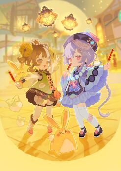 2girls :d :t absurdres animal_on_arm architecture arm_up artist_name bag bead_necklace beads bell bird bird_on_arm black_dress black_shoes bloomers blue_dress blunt_bangs blurry blurry_background blush boots bow bow-shaped_hair braid braided_ponytail brown_eyes brown_hair building china_dress chinese_clothes closed_mouth coin coin_hair_ornament commentary commentary_request dress earrings east_asian_architecture eating english_commentary food frilled_dress frills fur-trimmed_boots fur_trim genshin_impact giuniu_(unc_135) gradient_sleeves green_jacket hair_bell hair_between_eyes hair_ornament hat hat_tassel highres holding holding_food jacket jewelry jingle_bell lantern light_particles long_hair long_sleeves looking_at_viewer medium_hair mixed-language_commentary multiple_girls necklace ofuda ofuda_on_head open_mouth orange_bow paper_lantern pom_pom_(clothes) puffy_long_sleeves puffy_sleeves purple_dress purple_eyes purple_hair purple_hat qingdai_guanmao qiqi_(genshin_impact) radish rainbow shoes sidelocks single_braid sky_lantern smile sphere_earrings standing stuffed_animal stuffed_rabbit stuffed_toy tanghulu tassel thighhighs tile_floor tiles twitter_username underwear very_long_hair vision_(genshin_impact) white_bloomers white_boots white_thighhighs wide_sleeves yaoyao_(genshin_impact) yuegui_(genshin_impact)