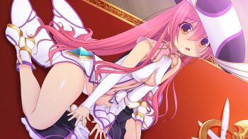 1girl aged_down boots breasts cleavage clothing_cutout detached_sleeves dutch_angle en_ciel_rena en_ciel_rena_(magius) game_cg hat kourin_tenshi_en_ciel_rena large_variant_set long_hair looking_at_viewer magical_girl medium_breasts navel non-web_source official_art open_mouth orange_eyes panties pink_hair saitou_natsuki sitting skirt solo suhamaya tomoe_rena underboob underwear unworn_skirt variant_set very_long_hair wariza white_panties