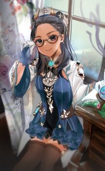 1girl adjusting_eyewear animal_ears animification beret black_hair blush breasts brown_eyes brown_thighhighs building commentary cosplay cowboy_shot curtains dress english_commentary erlenmeyer_flask flask floral_print genshin_impact glasses gloves hand_up hat highres indoors kanako_(fuwachu) leotard long_hair long_sleeves looking_at_viewer medium_breasts mondstadt_city multicolored_leotard real_life semi-rimless_eyewear sitting smile solo sucrose_(genshin_impact) sucrose_(genshin_impact)_(cosplay) table thighhighs two-tone_leotard under-rim_eyewear valeria_rodriguez vision_(genshin_impact) voice_actor voice_actor_connection white_gloves window zettai_ryouiki