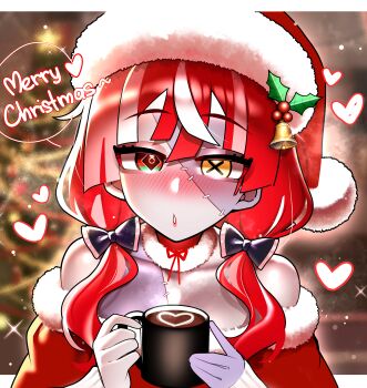 1girl absurdres blush coffee_mug cup hat hat_belt heart heterochromia highres hololive hololive_indonesia kok_(honeymelon) kureiji_ollie latte_art low_twintails merry_christmas mug red_hair santa_costume santa_hat stitched_face stitches symbol-shaped_pupils twintails virtual_youtuber