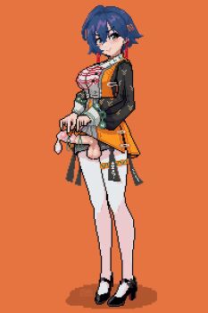 1futa belle_(delicate_sunlight)_(zenless_zone_zero) belle_(zenless_zone_zero) black_shoes blue_hair breasts closed_mouth clothes_lift commentary condom condom_on_penis dress dress_lift erection full_body futanari hair_ornament high_heels highres large_breasts letter_hair_ornament lifting_own_clothes long_sleeves looking_at_viewer nakirikea official_alternate_costume orange_background pantyhose penis pixel_art shoes short_hair simple_background smile solo standing symbol-only_commentary testicles uncensored used_condom used_condom_on_penis white_pantyhose zenless_zone_zero