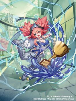 1girl alicia_zinnia_goodwill backpack bag blue_eyes blue_gloves breasts building cleavage copyright_notice crop_top electricity gloves goggles goggles_on_head grey_pants grey_shoes hair_between_eyes heterochromia kikkaiki official_art open_mouth outdoors pants red_eyes shoes slime_(creature) sparkle tripping trophy two_side_up z/x