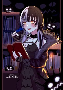 Rule 34 | 1girl, alexaniel, artist name, black choker, black coat, black dress, black hair, book, bookshelf, breasts, candle, choker, cleavage, coat, dress, fire, fur-trimmed coat, fur trim, grey hair, holding, holding book, holding quill, hololive, hololive english, large breasts, long hair, looking at viewer, multicolored hair, open mouth, quill, shiori novella, shiori novella (1st costume), solo, split-color hair, teeth, two-tone hair, virtual youtuber, yellow eyes, yorick (shiori novella)