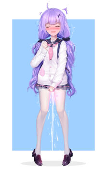 1girl ^^^ absurdres ahoge anchor_symbol azur_lane backpack bag black_scrunchie black_shoes black_skirt blue_background blush border buttons cardigan closed_eyes controller female_ejaculation female_ejaculation_through_clothes female_focus female_orgasm flat_chest full-face_blush full_body glowing hair_ornament hair_scrunchie hand_up highres long_hair long_sleeves miniskirt mu_mu_xiansheng neckerchief nose_blush open_mouth orgasm outside_border pantyhose pee peeing peeing_self pigeon-toed pink_neckerchief pleated_skirt purple_hair pussy_juice remote_control remote_control_vibrator school_uniform scrunchie see-through_clothes serafuku sex_toy shoes sidelocks simple_background skirt sleeves_past_wrists solo standing sweat thighband_pantyhose trembling unicorn_(azur_lane) unicorn_(long-awaited_date)_(azur_lane) very_long_hair vibrator vibrator_cord vibrator_under_clothes wavy_mouth white_border white_cardigan white_pantyhose x_hair_ornament
